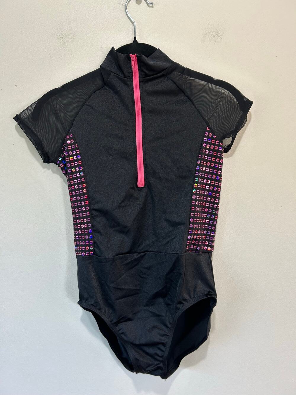 Weissman performance leotard girls XLC (16-18) black sequin zipper short sleeve